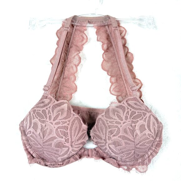 Victorias Secret Pink Racerback Lace Push Up Front Closure Bra Womens 32B Pink - Picture 1 of 4